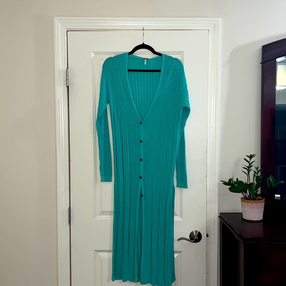Free People aqua light button down, duster, size small